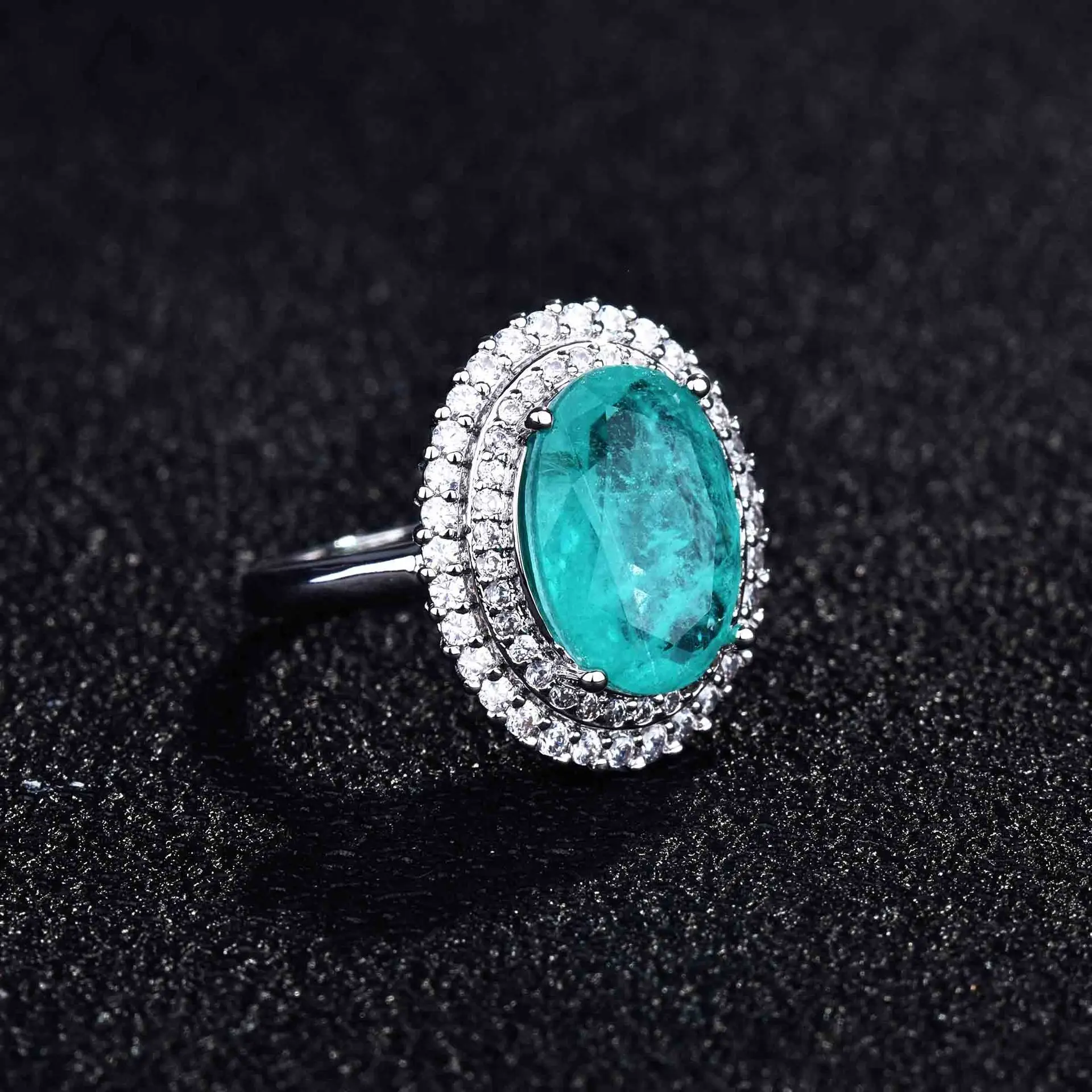 Luxurious Geometric-Shaped Paraiba Tourmaline Gemstone Ring for Ladies Micro-Set Diamond Silver Version Jewelry