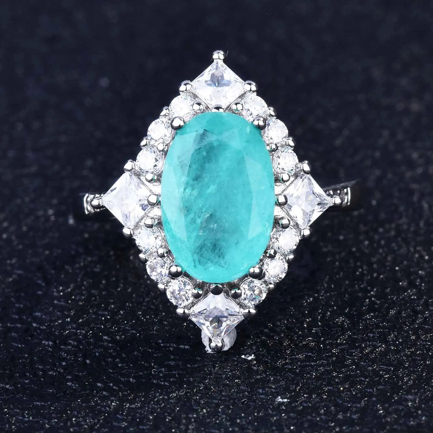 Luxurious Geometric-Shaped Paraiba Tourmaline Gemstone Ring for Ladies Micro-Set Diamond Silver Version Jewelry