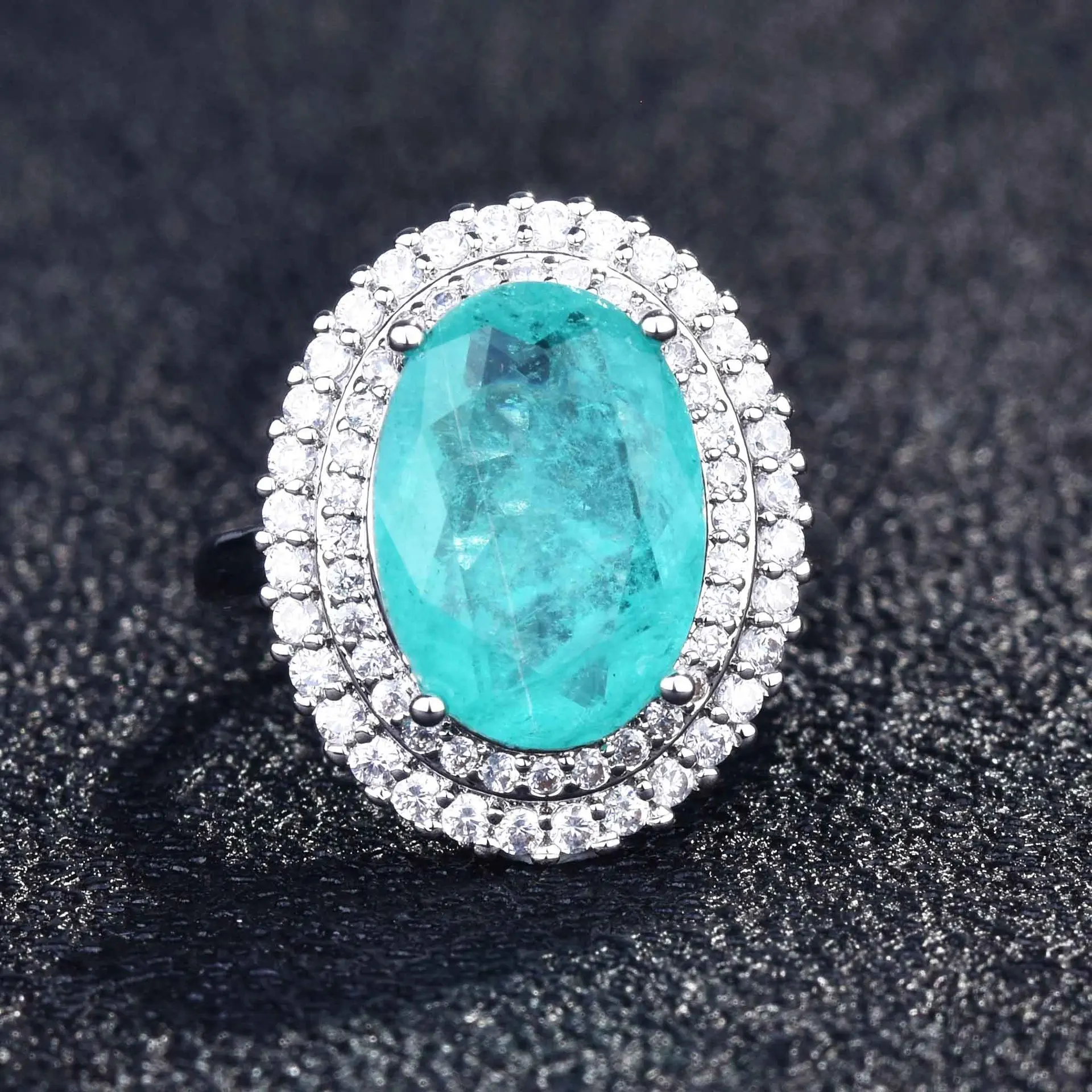 Luxurious Geometric-Shaped Paraiba Tourmaline Gemstone Ring for Ladies Micro-Set Diamond Silver Version Jewelry