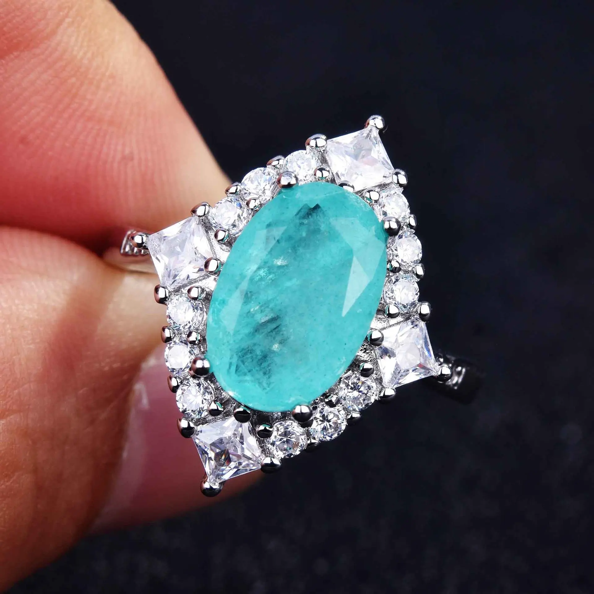 Luxurious Geometric-Shaped Paraiba Tourmaline Gemstone Ring for Ladies Micro-Set Diamond Silver Version Jewelry