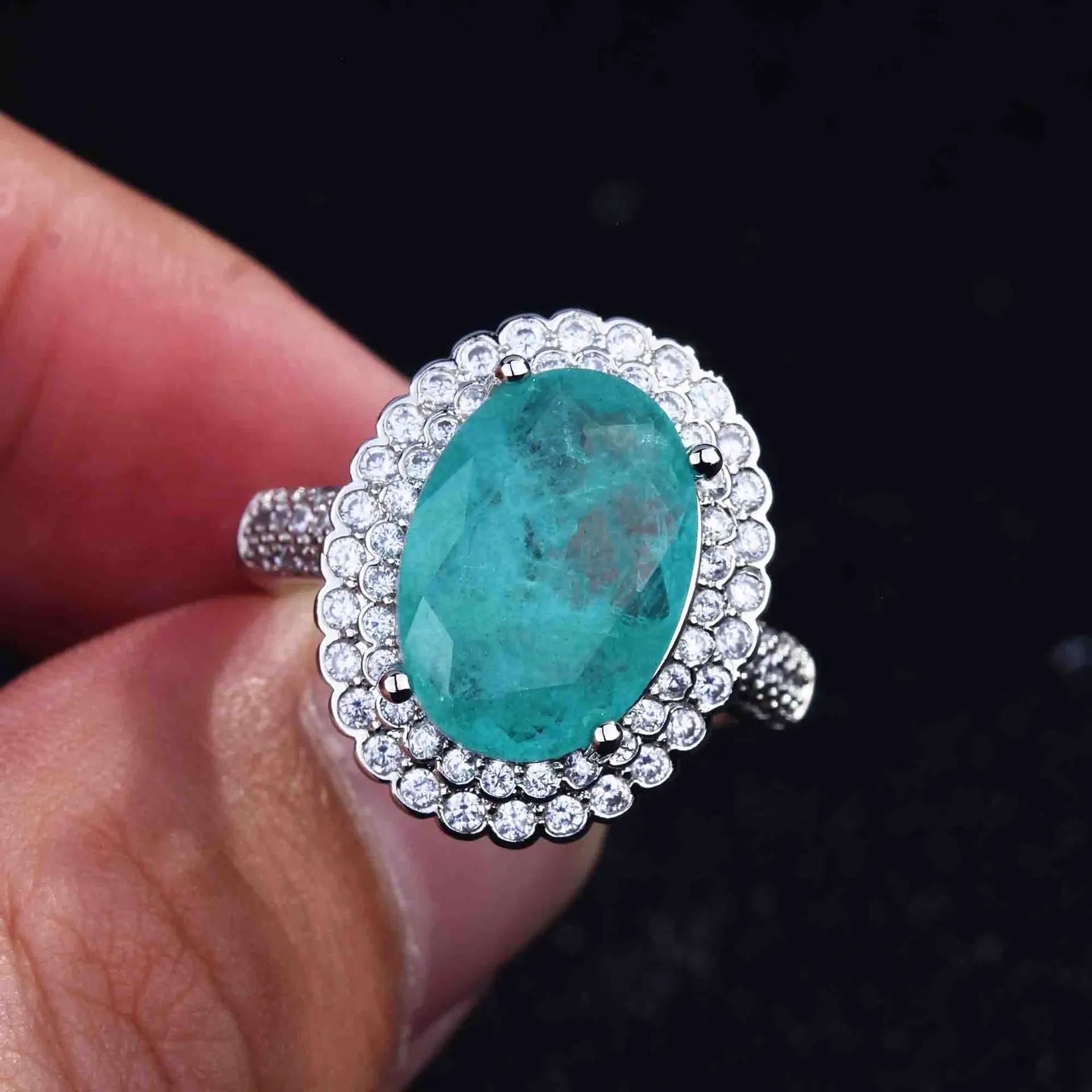 Luxurious Geometric-Shaped Paraiba Tourmaline Gemstone Ring for Ladies Micro-Set Diamond Silver Version Jewelry