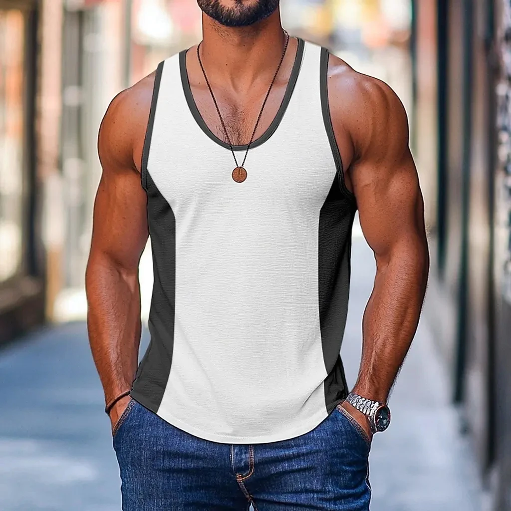Simple Design Patchwork 3D Print Tank Tops Men Fashion Vest Oversized Sleeveless Tank Top Bodybuilding Fitness Gym Man Clothing