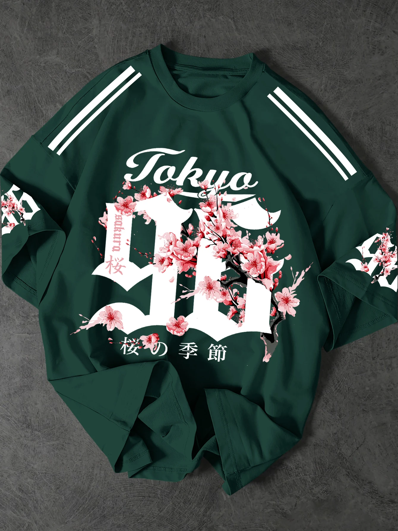 Men's Japanese Streetwear Sakura Print T-Shirt Tokyo Cherry Blossom Graphic Tee Oversized Short Sleeve Tops