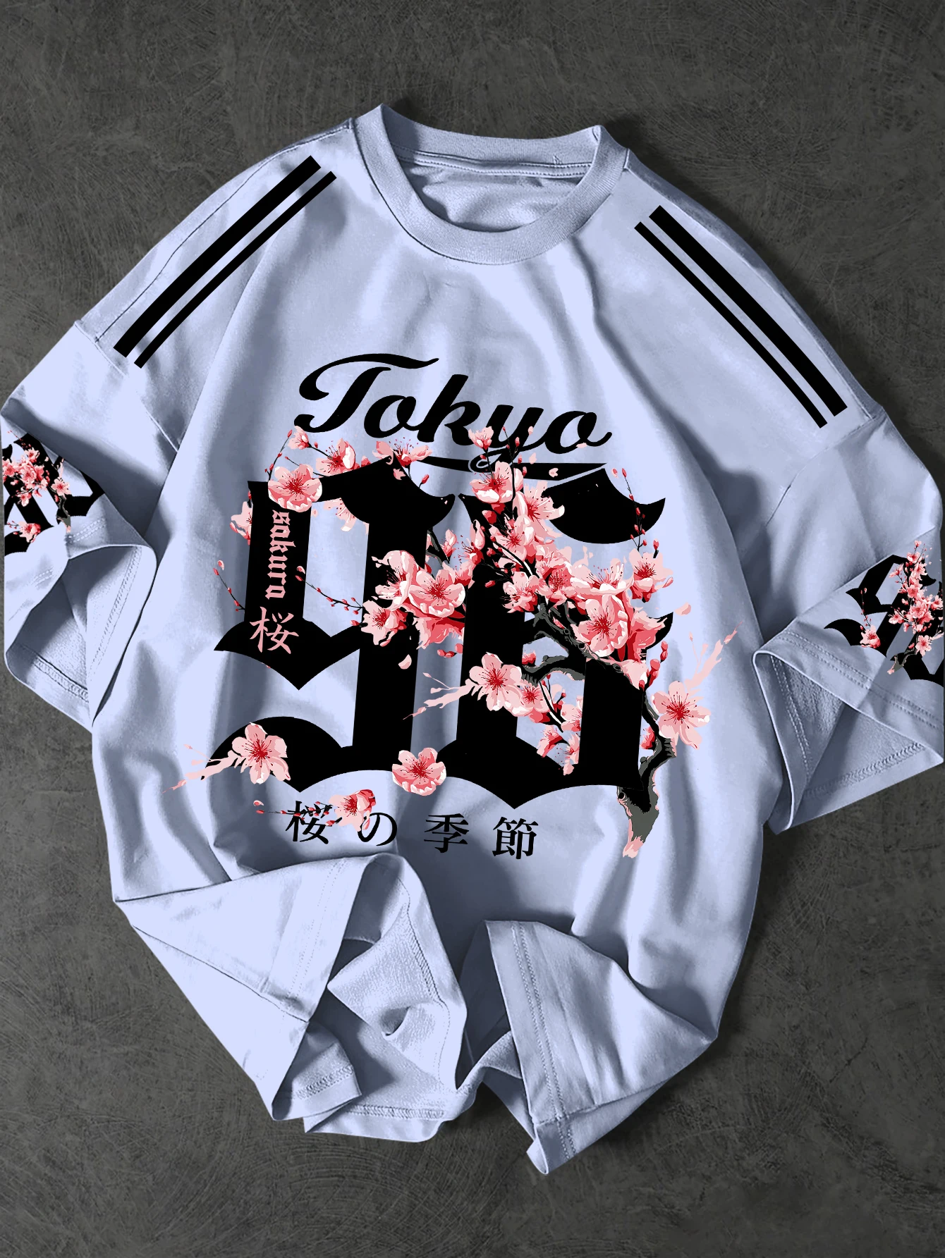 Men's Japanese Streetwear Sakura Print T-Shirt Tokyo Cherry Blossom Graphic Tee Oversized Short Sleeve Tops