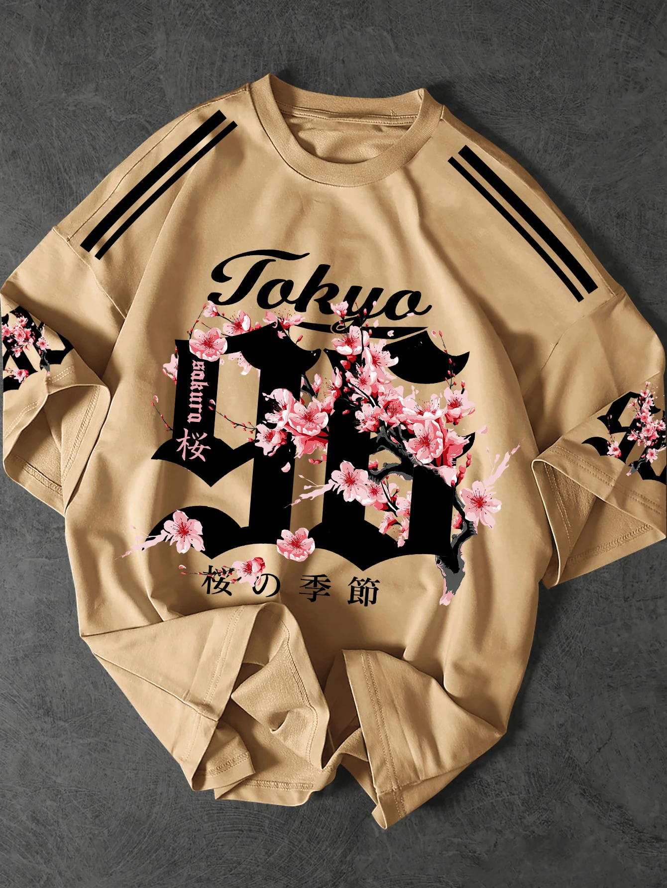 Men's Japanese Streetwear Sakura Print T-Shirt Tokyo Cherry Blossom Graphic Tee Oversized Short Sleeve Tops