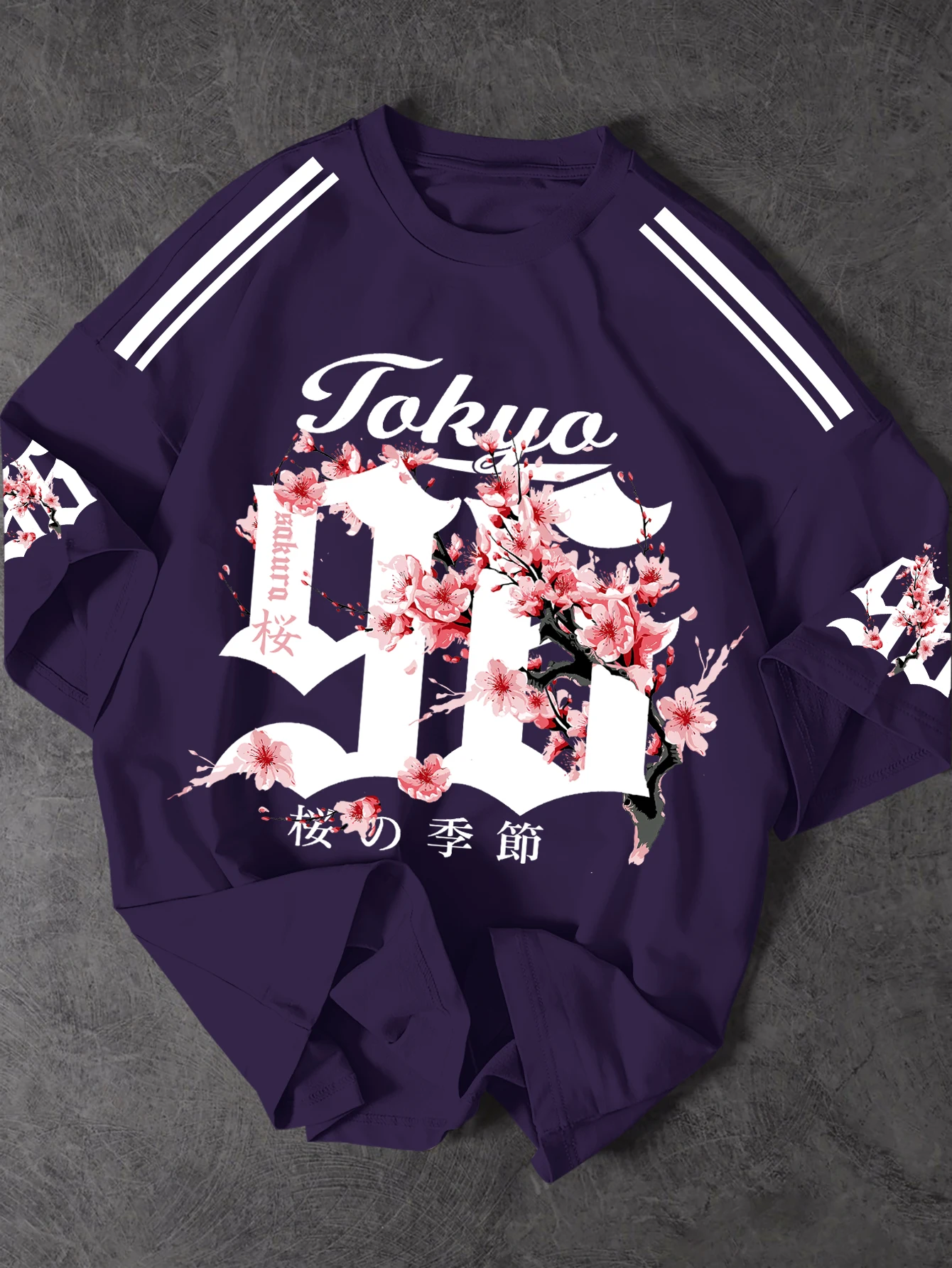 Men's Japanese Streetwear Sakura Print T-Shirt Tokyo Cherry Blossom Graphic Tee Oversized Short Sleeve Tops