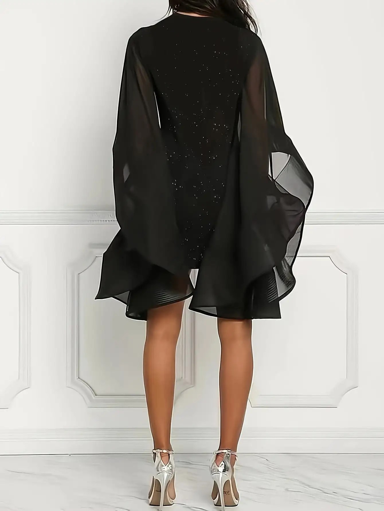2026 casual and comfortable women's round neck long sleeved hollow out dress short skirt - sequin slim fit design