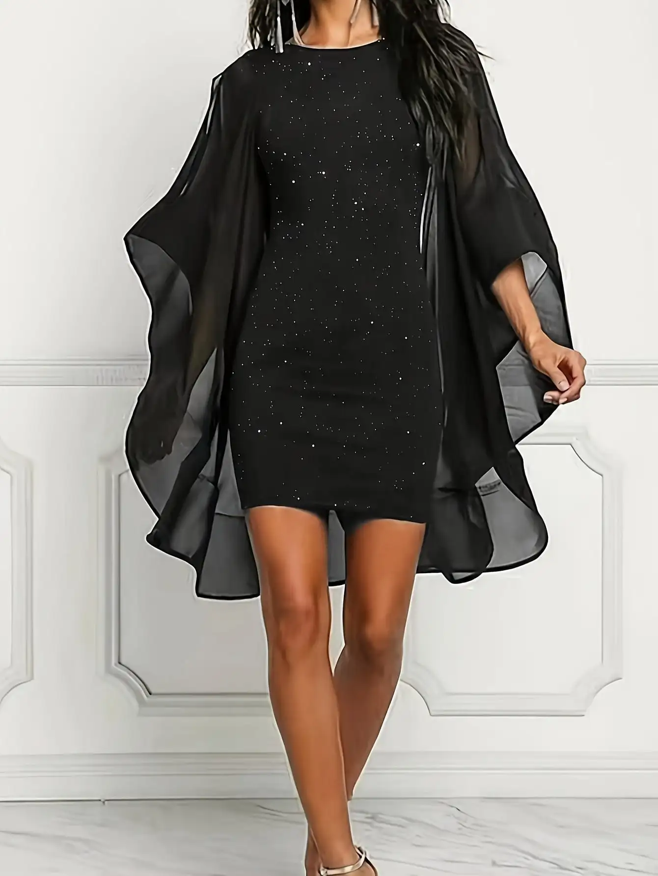2026 casual and comfortable women's round neck long sleeved hollow out dress short skirt - sequin slim fit design