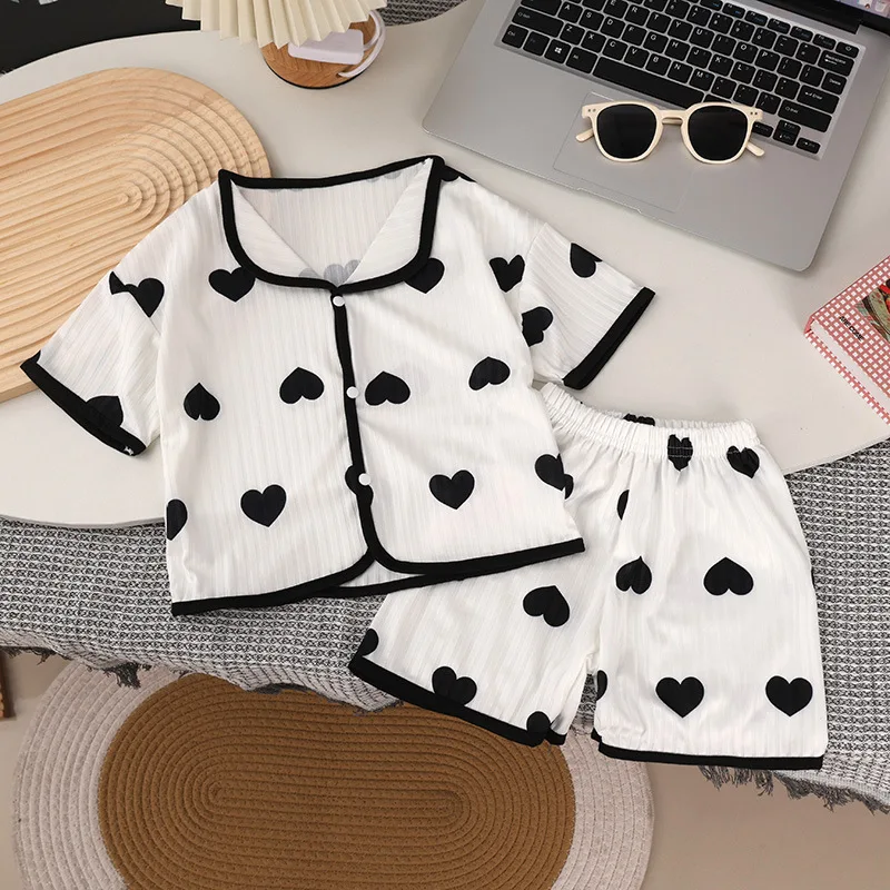 2PCS Girls Pajamas Sets Short Sleeve Shorts Summer Sweet Loungwear For Kids