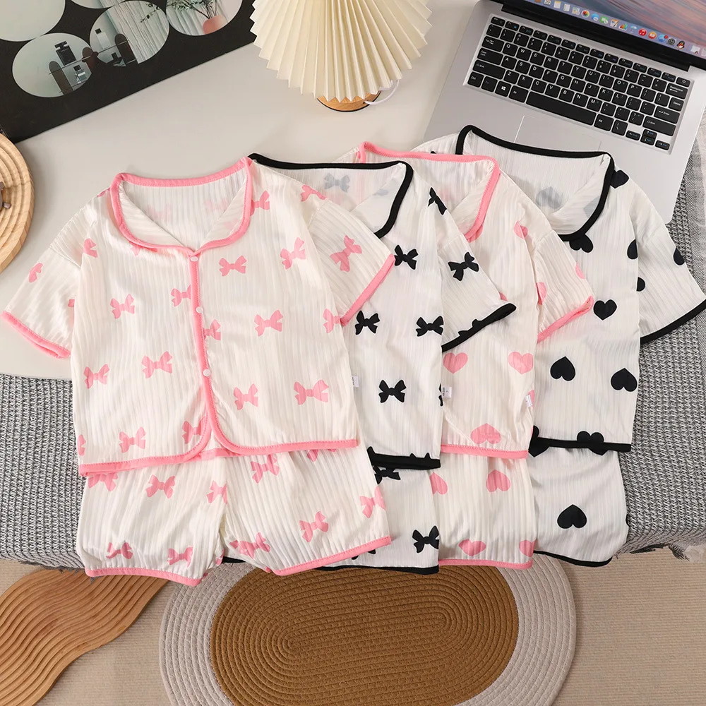 2PCS Girls Pajamas Sets Short Sleeve Shorts Summer Sweet Loungwear For Kids