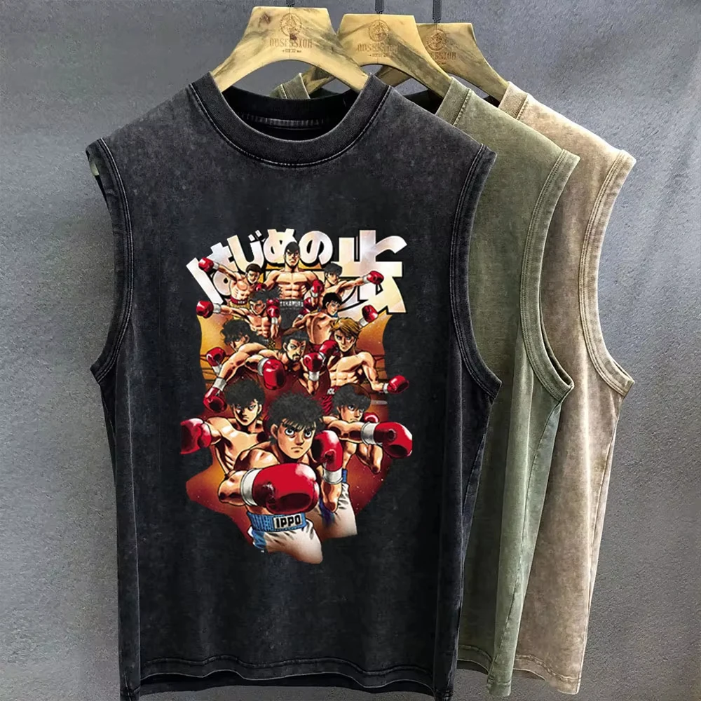 Men's Tank Top Anime Hajime No Ippo Graphic T-shirt Print Oversized Gym Clothing Vintage Wash Sleeveless Vest Womens Y2k Clothes