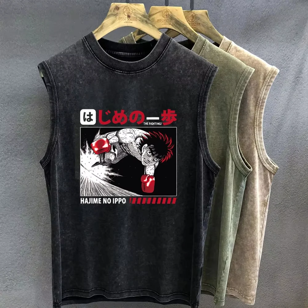 Men's Tank Top Anime Hajime No Ippo Graphic T-shirt Print Oversized Gym Clothing Vintage Wash Sleeveless Vest Womens Y2k Clothes