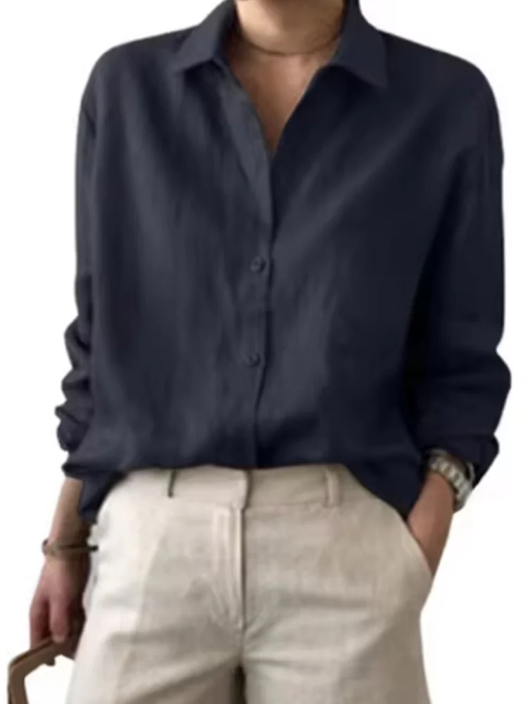 Women's Linen Button Down Shirt Loose Fit Long Sleeve Casual Solid Color Oversized Blouse Summer Beach Office Tops