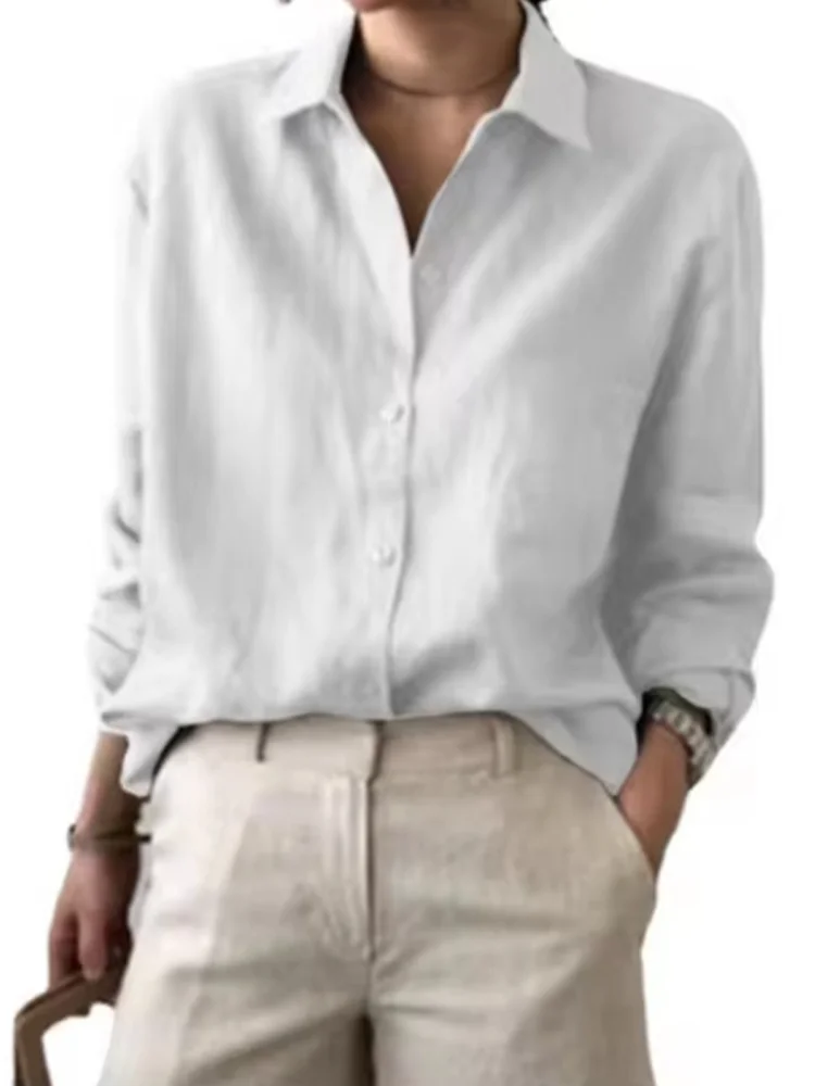 Women's Linen Button Down Shirt Loose Fit Long Sleeve Casual Solid Color Oversized Blouse Summer Beach Office Tops