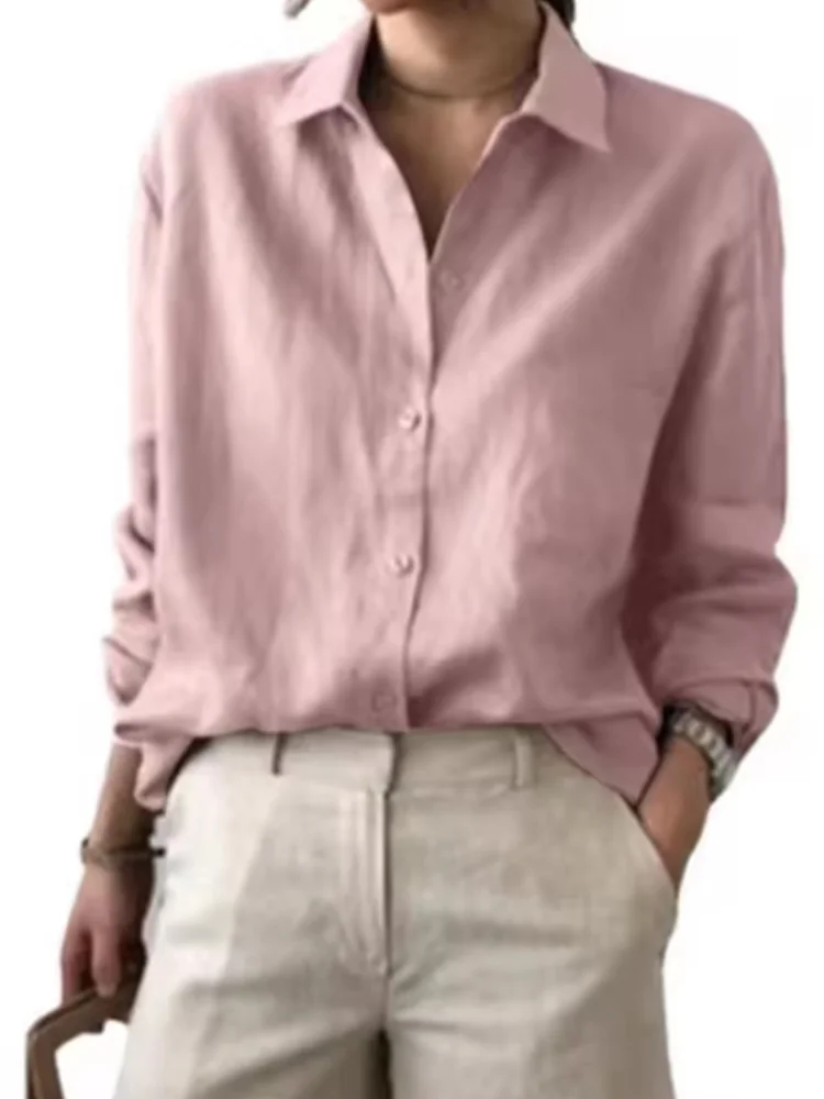 Women's Linen Button Down Shirt Loose Fit Long Sleeve Casual Solid Color Oversized Blouse Summer Beach Office Tops