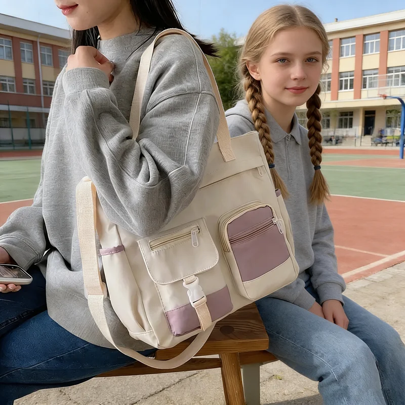 Stylish Nylon Tote Bags 5 Soft Hues Shoulder Crossbody Bag Spacious Design with Multiple Pockets Ideal for Student Work Travel