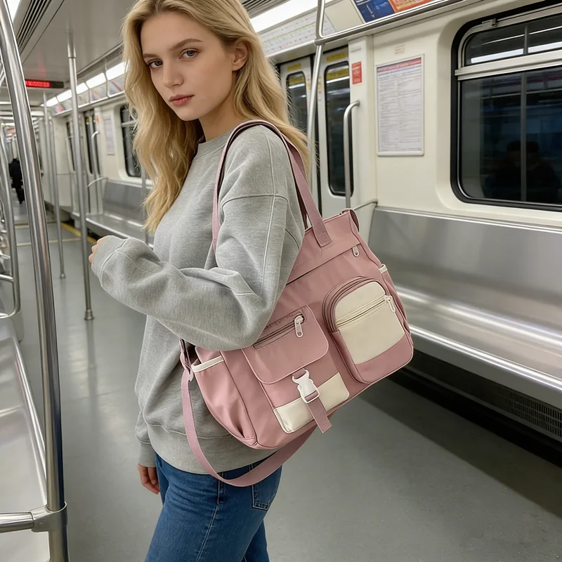 Stylish Nylon Tote Bags 5 Soft Hues Shoulder Crossbody Bag Spacious Design with Multiple Pockets Ideal for Student Work Travel