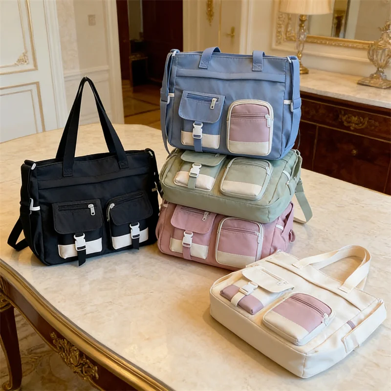 Stylish Nylon Tote Bags 5 Soft Hues Shoulder Crossbody Bag Spacious Design with Multiple Pockets Ideal for Student Work Travel