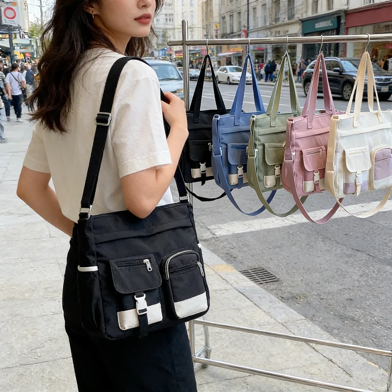 Stylish Nylon Tote Bags 5 Soft Hues Shoulder Crossbody Bag Spacious Design with Multiple Pockets Ideal for Student Work Travel