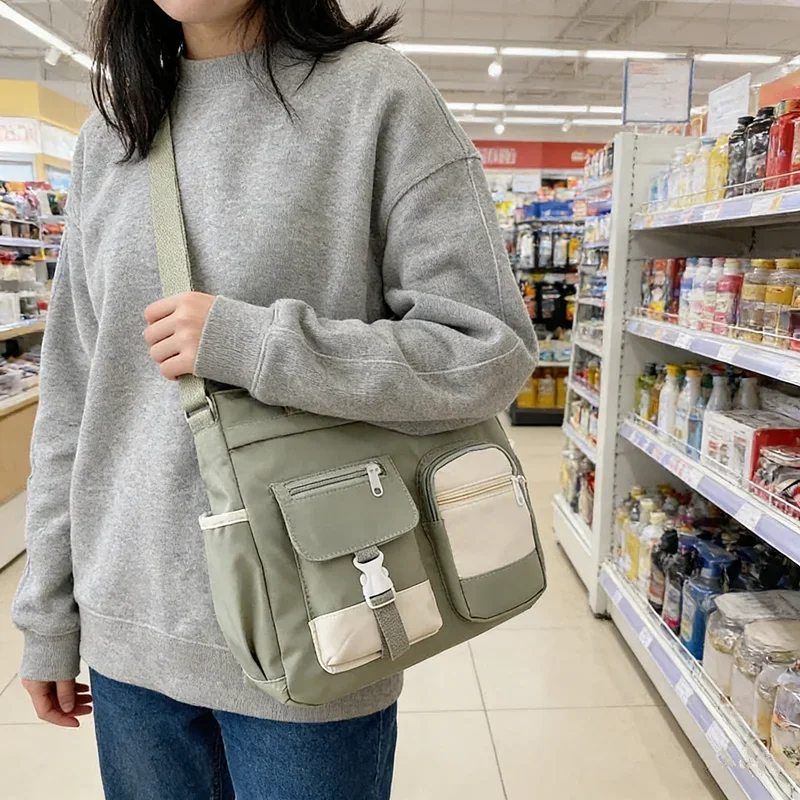 Stylish Nylon Tote Bags 5 Soft Hues Shoulder Crossbody Bag Spacious Design with Multiple Pockets Ideal for Student Work Travel