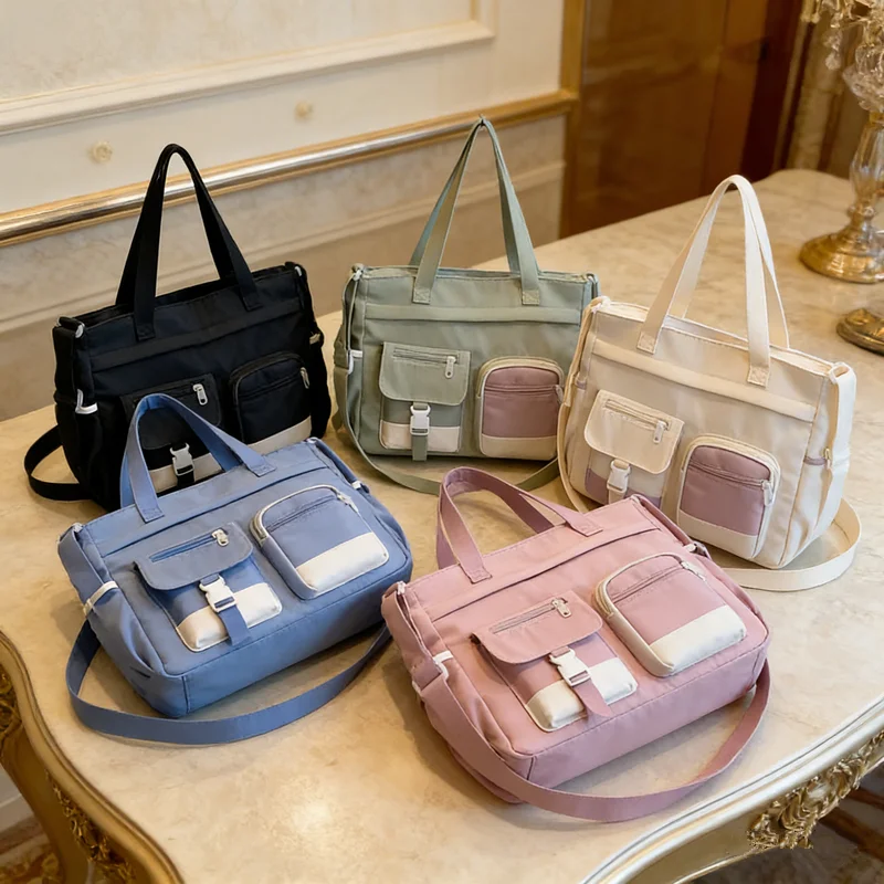 Stylish Nylon Tote Bags 5 Soft Hues Shoulder Crossbody Bag Spacious Design with Multiple Pockets Ideal for Student Work Travel