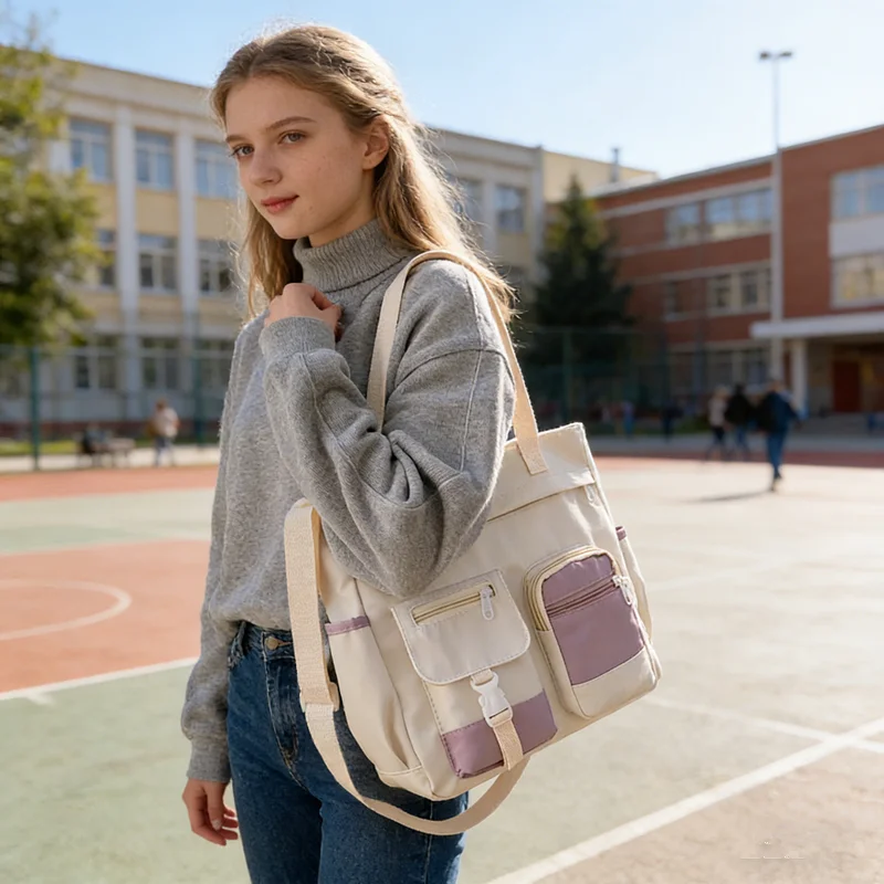 Stylish Nylon Tote Bags 5 Soft Hues Shoulder Crossbody Bag Spacious Design with Multiple Pockets Ideal for Student Work Travel