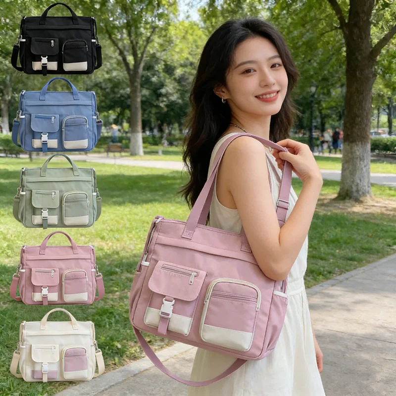 Stylish Nylon Tote Bags 5 Soft Hues Shoulder Crossbody Bag Spacious Design with Multiple Pockets Ideal for Student Work Travel