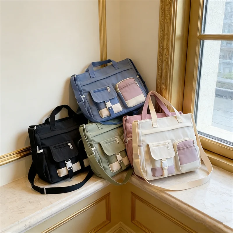 Stylish Nylon Tote Bags 5 Soft Hues Shoulder Crossbody Bag Spacious Design with Multiple Pockets Ideal for Student Work Travel