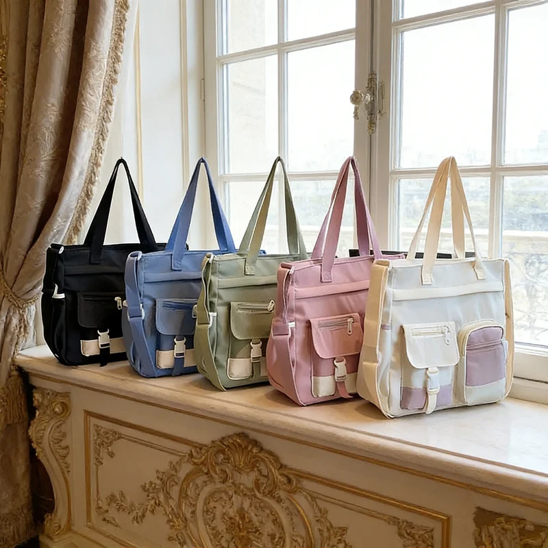 Stylish Nylon Tote Bags 5 Soft Hues Shoulder Crossbody Bag Spacious Design with Multiple Pockets Ideal for Student Work Travel
