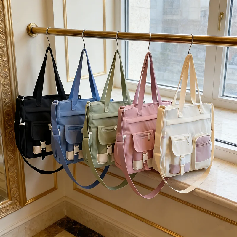 Stylish Nylon Tote Bags 5 Soft Hues Shoulder Crossbody Bag Spacious Design with Multiple Pockets Ideal for Student Work Travel
