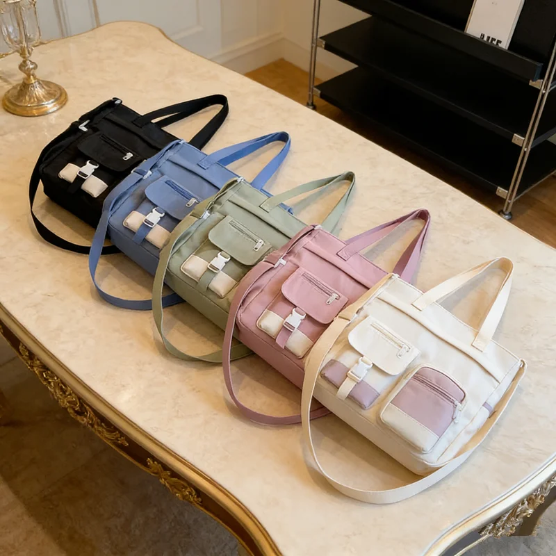 Stylish Nylon Tote Bags 5 Soft Hues Shoulder Crossbody Bag Spacious Design with Multiple Pockets Ideal for Student Work Travel