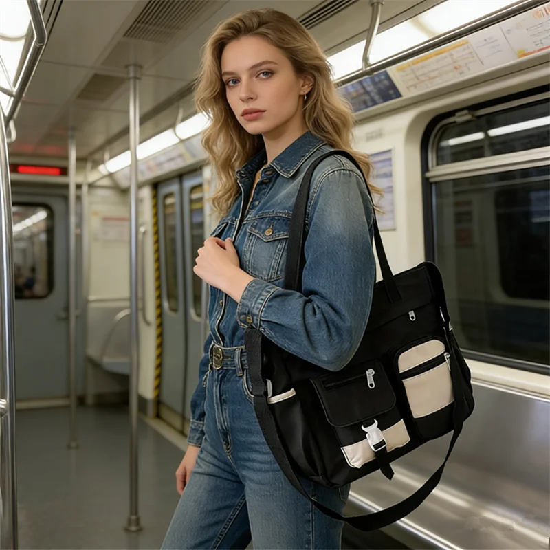Stylish Nylon Tote Bags 5 Soft Hues Shoulder Crossbody Bag Spacious Design with Multiple Pockets Ideal for Student Work Travel