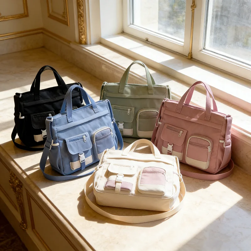 Stylish Nylon Tote Bags 5 Soft Hues Shoulder Crossbody Bag Spacious Design with Multiple Pockets Ideal for Student Work Travel