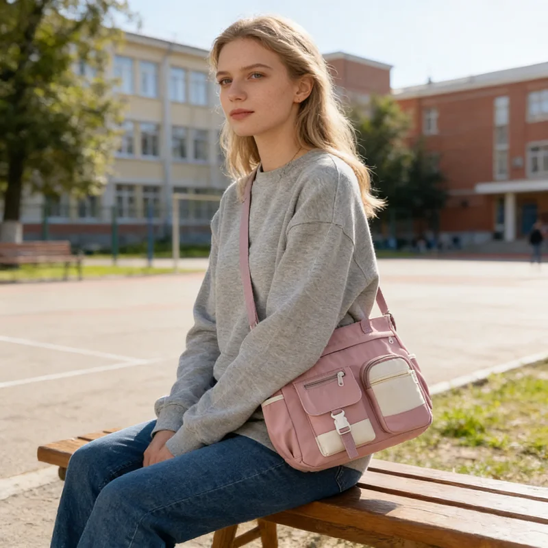 Stylish Nylon Tote Bags 5 Soft Hues Shoulder Crossbody Bag Spacious Design with Multiple Pockets Ideal for Student Work Travel