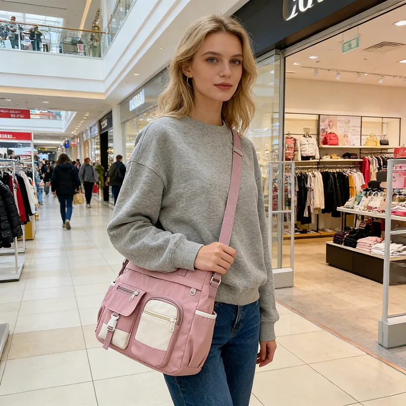 Stylish Nylon Tote Bags 5 Soft Hues Shoulder Crossbody Bag Spacious Design with Multiple Pockets Ideal for Student Work Travel