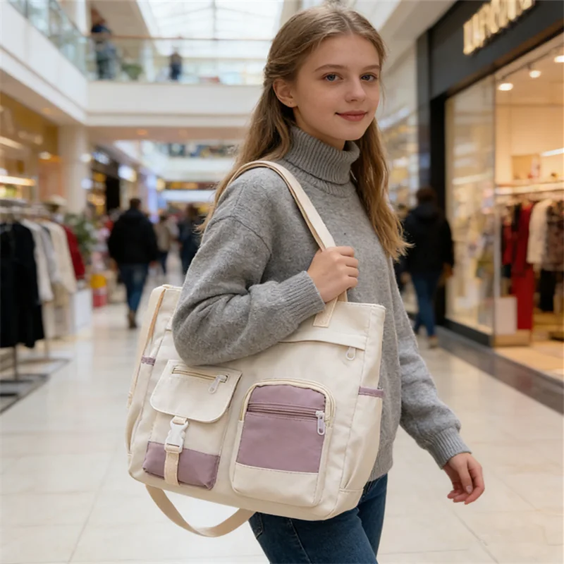 Stylish Nylon Tote Bags 5 Soft Hues Shoulder Crossbody Bag Spacious Design with Multiple Pockets Ideal for Student Work Travel