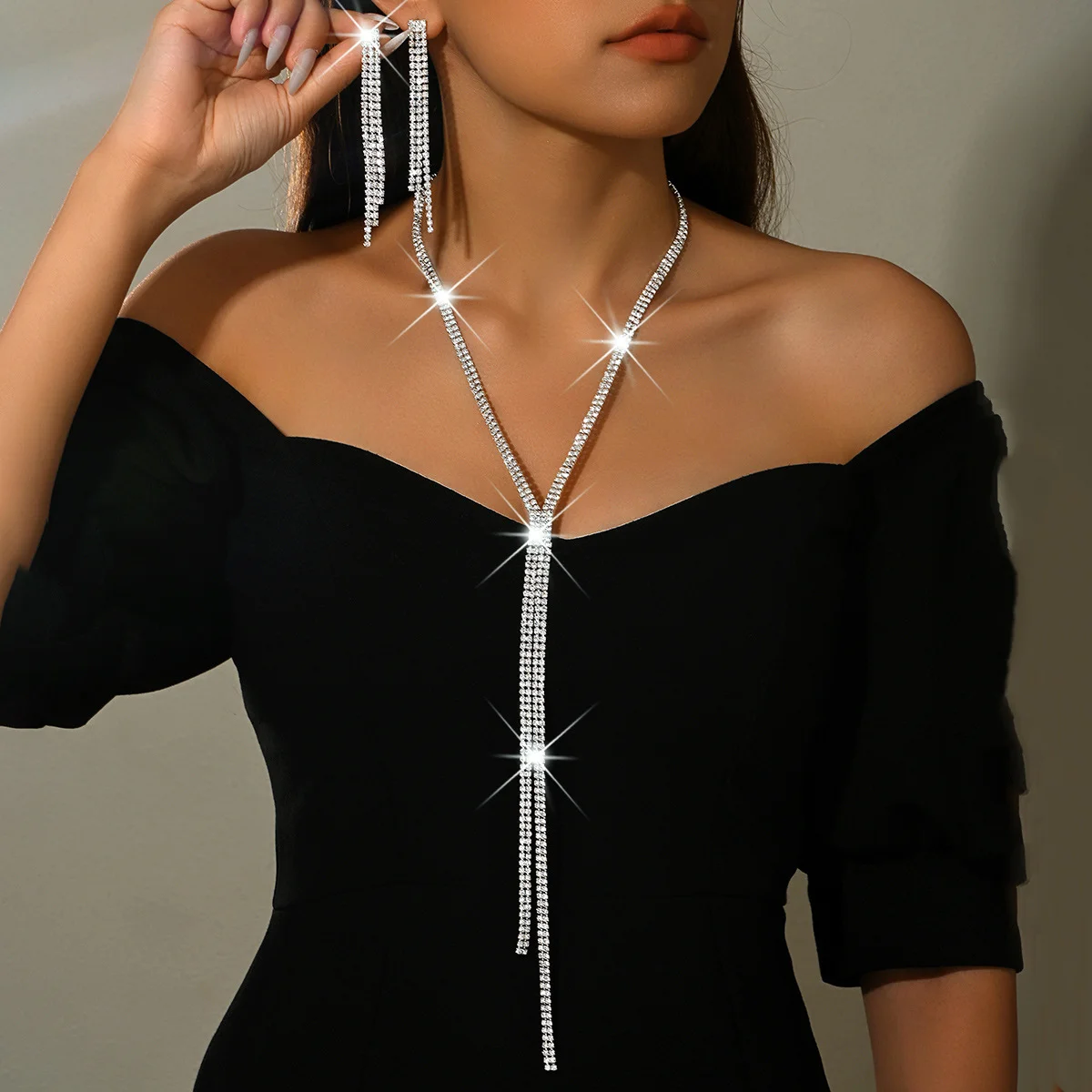 Multi-layer rhinestone fringed necklace and earrings set - fashionable zircon long-sleeved sweater chain for women. Wife's Gift