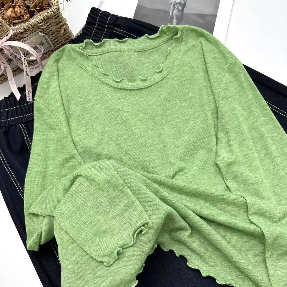Spring Summer White T-shirt Loose Fit Petal Sleeve Cover-up Female Chic Fungus Neck Tees Tops See Through Korean Lady T Shirt