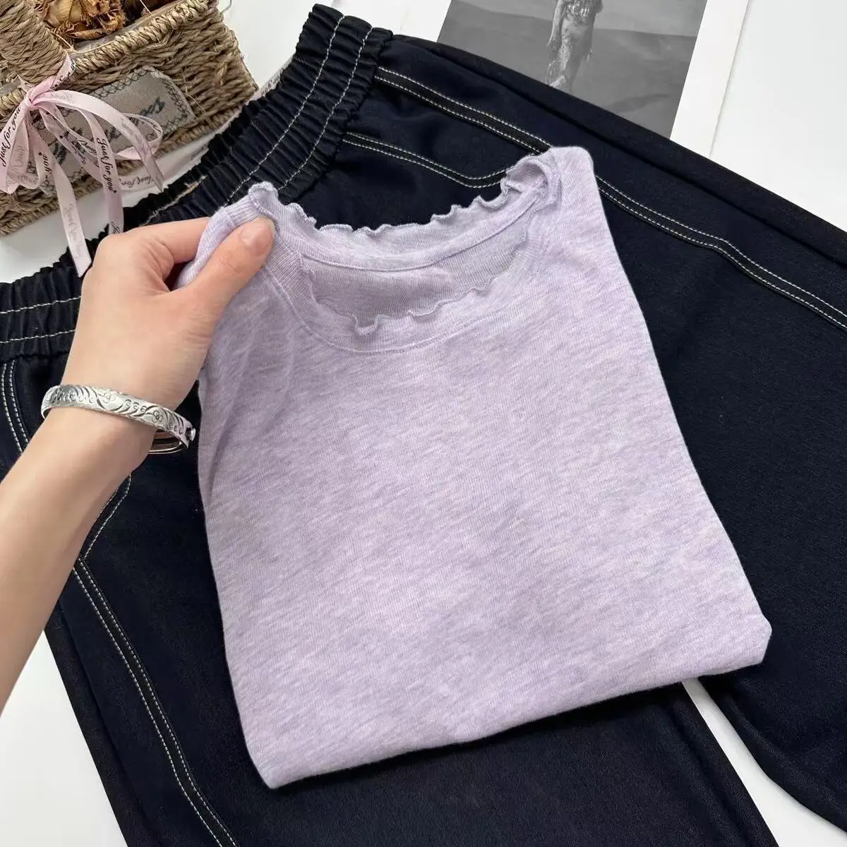 Spring Summer White T-shirt Loose Fit Petal Sleeve Cover-up Female Chic Fungus Neck Tees Tops See Through Korean Lady T Shirt