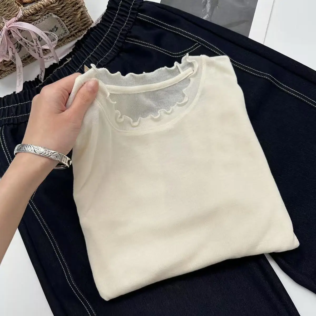 Spring Summer White T-shirt Loose Fit Petal Sleeve Cover-up Female Chic Fungus Neck Tees Tops See Through Korean Lady T Shirt