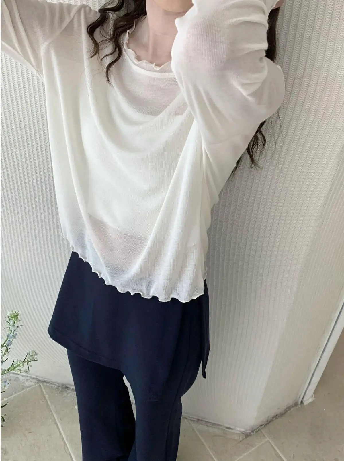 Spring Summer White T-shirt Loose Fit Petal Sleeve Cover-up Female Chic Fungus Neck Tees Tops See Through Korean Lady T Shirt