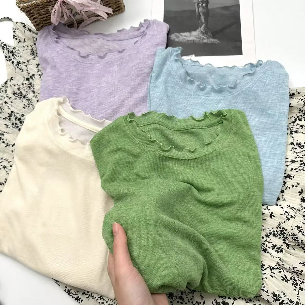 Spring Summer White T-shirt Loose Fit Petal Sleeve Cover-up Female Chic Fungus Neck Tees Tops See Through Korean Lady T Shirt