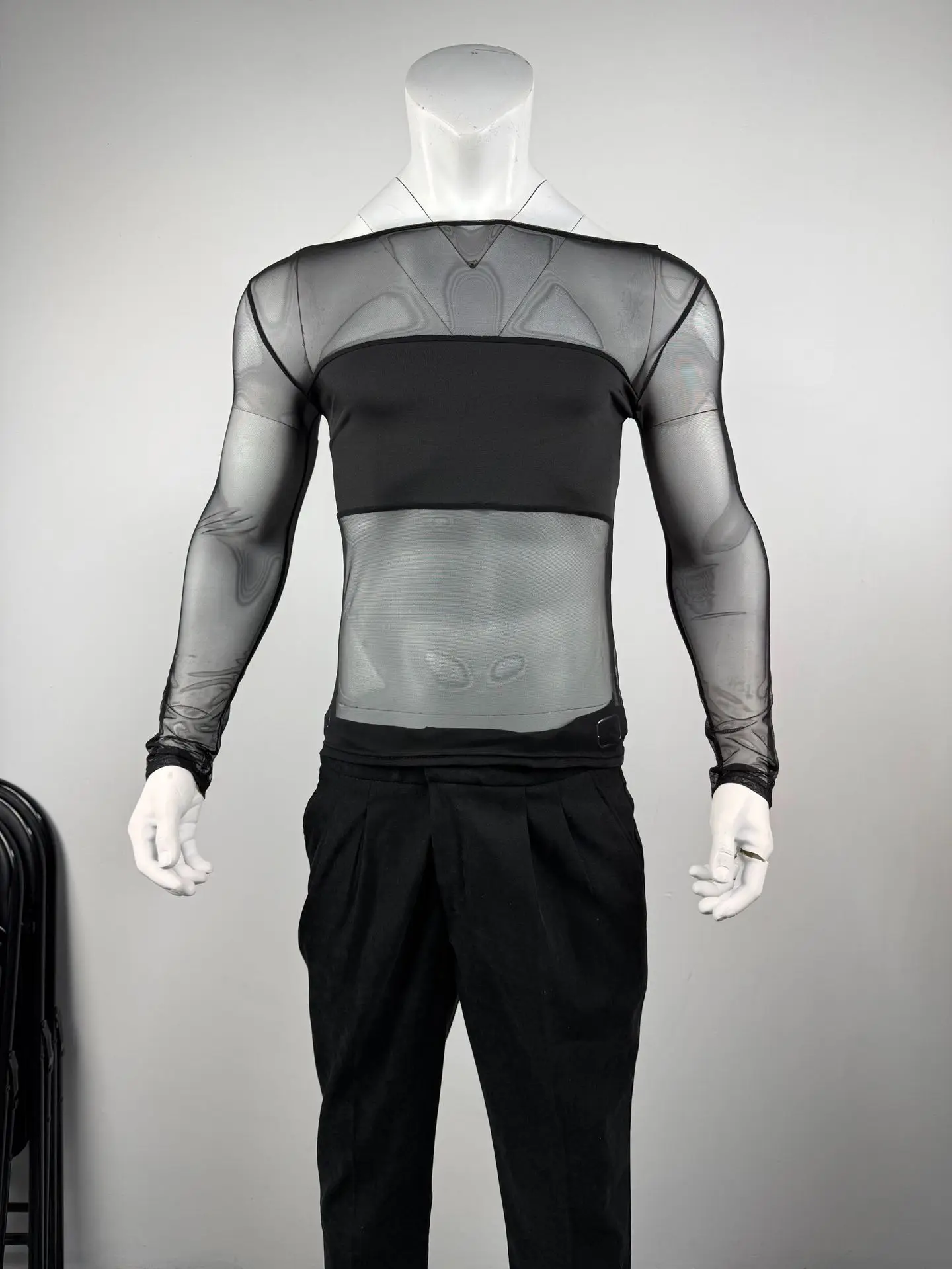 Men's Sheer Mesh Off Shoulder T Shirt See Through Long Sleeve Slim Fit Muscle Tees Nightclub Party Wear Sexy Clubwear Tops S-2XL