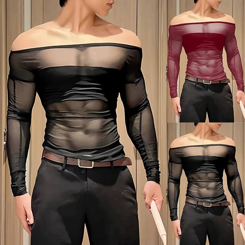 Men's Sheer Mesh Off Shoulder T Shirt See Through Long Sleeve Slim Fit Muscle Tees Nightclub Party Wear Sexy Clubwear Tops S-2XL
