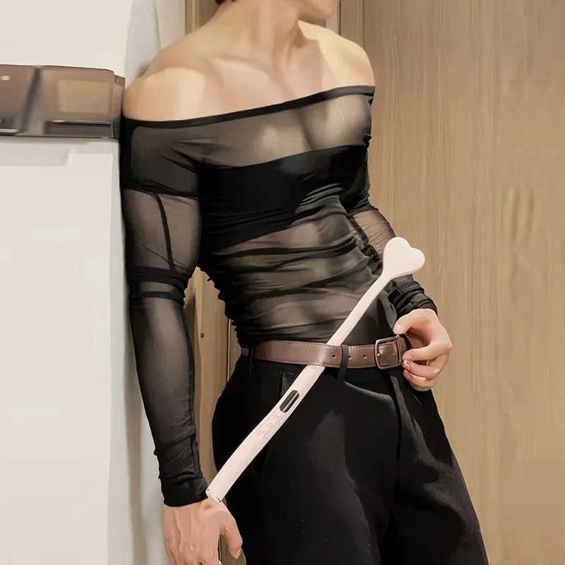 Men's Sheer Mesh Off Shoulder T Shirt See Through Long Sleeve Slim Fit Muscle Tees Nightclub Party Wear Sexy Clubwear Tops S-2XL
