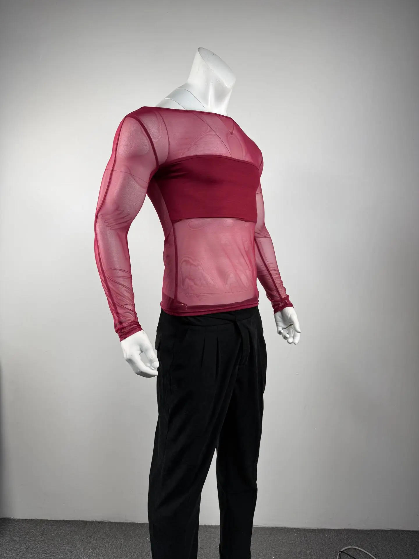 Men's Sheer Mesh Off Shoulder T Shirt See Through Long Sleeve Slim Fit Muscle Tees Nightclub Party Wear Sexy Clubwear Tops S-2XL