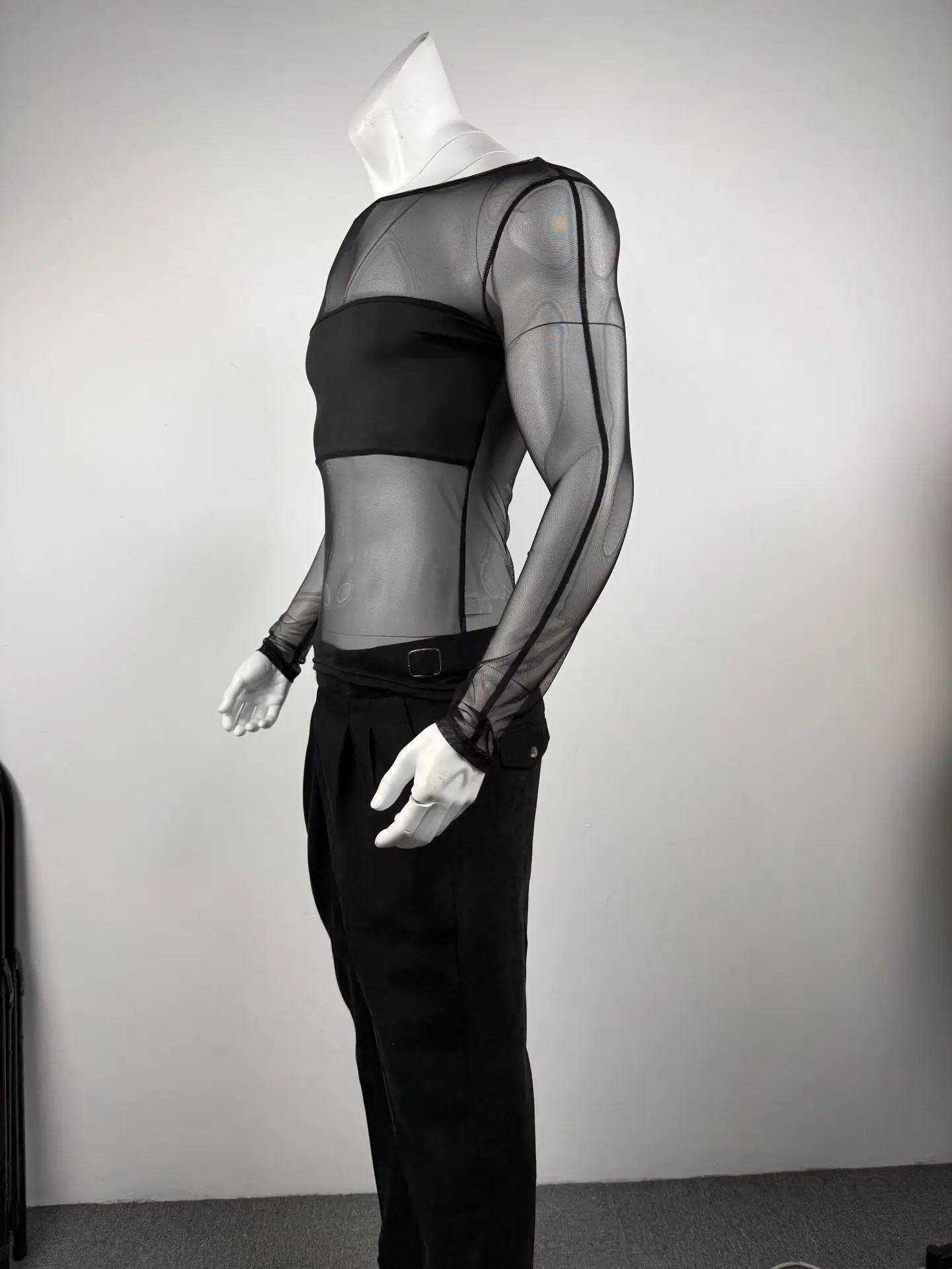 Men's Sheer Mesh Off Shoulder T Shirt See Through Long Sleeve Slim Fit Muscle Tees Nightclub Party Wear Sexy Clubwear Tops S-2XL
