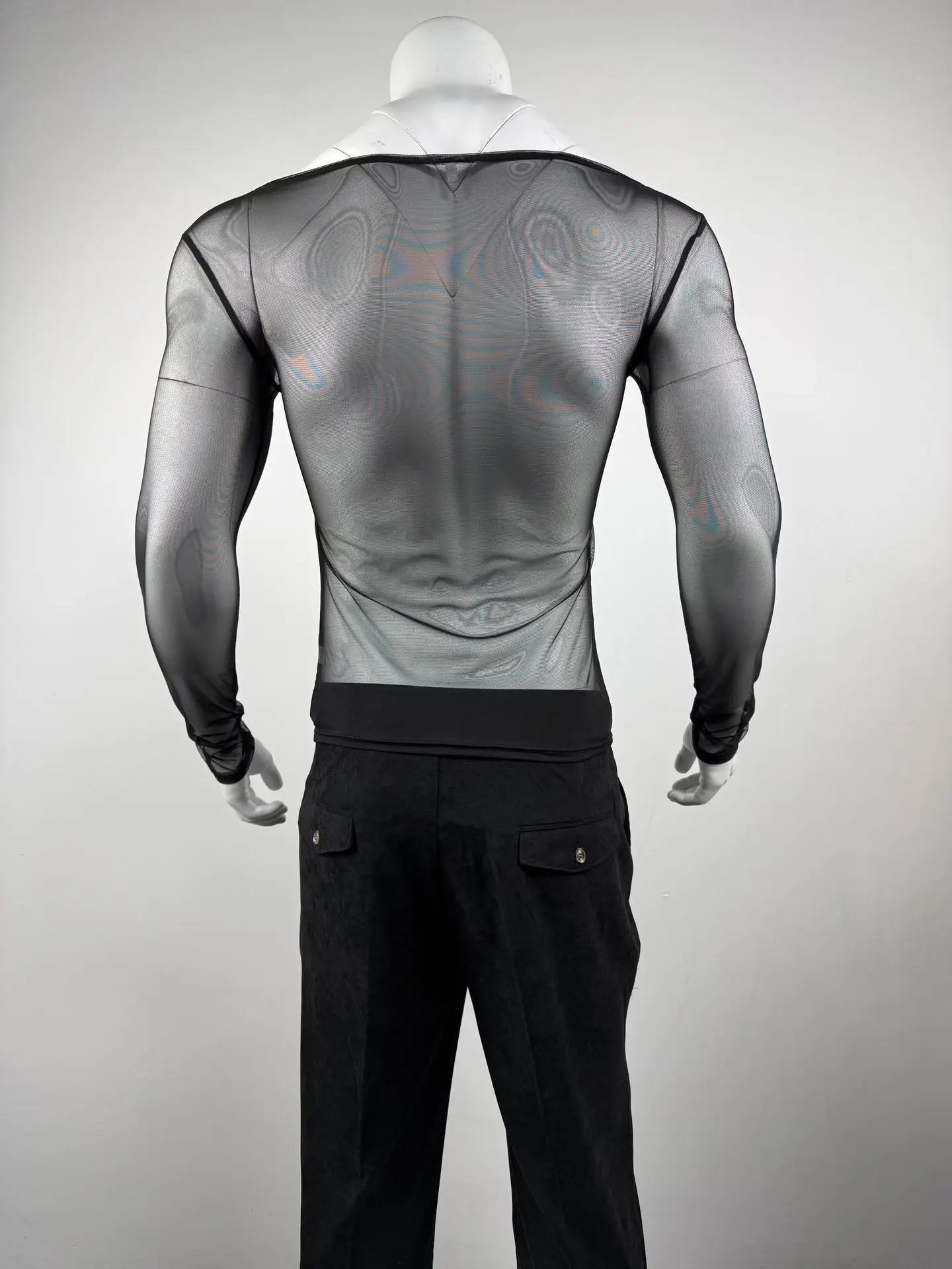 Men's Sheer Mesh Off Shoulder T Shirt See Through Long Sleeve Slim Fit Muscle Tees Nightclub Party Wear Sexy Clubwear Tops S-2XL