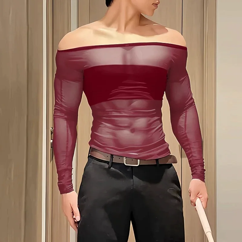 Men's Sheer Mesh Off Shoulder T Shirt See Through Long Sleeve Slim Fit Muscle Tees Nightclub Party Wear Sexy Clubwear Tops S-2XL