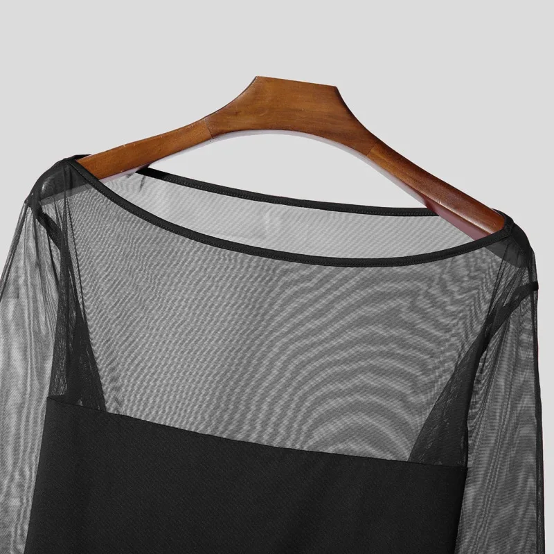 Men's Sheer Mesh Off Shoulder T Shirt See Through Long Sleeve Slim Fit Muscle Tees Nightclub Party Wear Sexy Clubwear Tops S-2XL